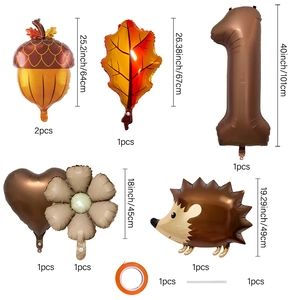Autumn themed foil balloon set with hedgehog maple leaf and 40-inch brown number 1