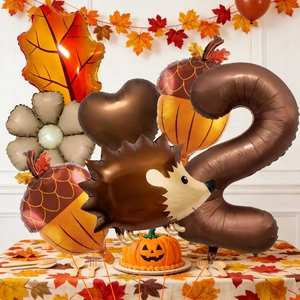 Autumn hedgehog and maple leaf foil balloon set with brown number 2 for harvest party