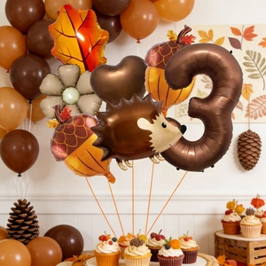 Autumn hedgehog and maple leaf balloon set with brown number 3 for harvest party