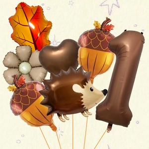 Autumn theme foil balloons set with hedgehog maple leaf and acorn for 1st birthday