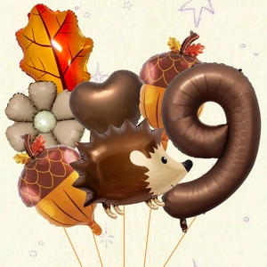 Autumn hedgehog and maple leaf foil balloon set with coffee brown number 9 balloon