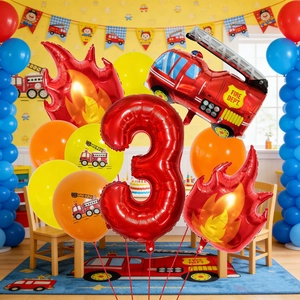 Fire truck themed 3rd birthday balloon set with red number 3 foil balloon and flame accents