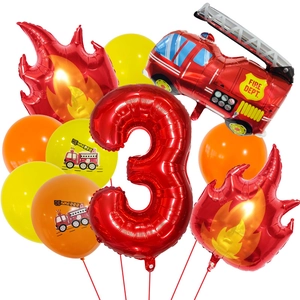 Detail view of fire truck theme balloon set with red number 3 for toddler birthday parties