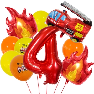 Fire truck themed 4th birthday balloon kit with red number 4 and fire foil balloons