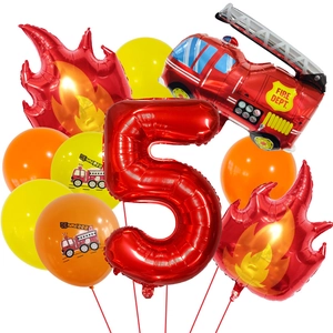Fire truck themed 5th birthday balloon set with red number five and flame foil balloons