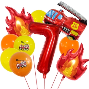 Close-up of 7th birthday fire truck balloon set with number 7 and fire engine foils