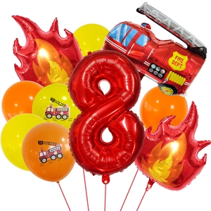 Detailed set of fire truck 8th birthday balloons with red number 8 and flame foil shapes