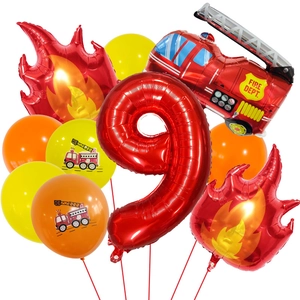 Firefighter theme party kit with red fire truck balloon and number 9 foil balloon for kids