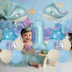 Ocean-themed 1st birthday whale balloon set with number 1 foil and latex balloons