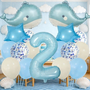 Ocean theme 2nd birthday balloon set featuring matte whales and large number 2 foil balloon