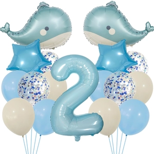 Blue ocean theme balloon set for 2nd birthday with whale and number 2 foil balloons