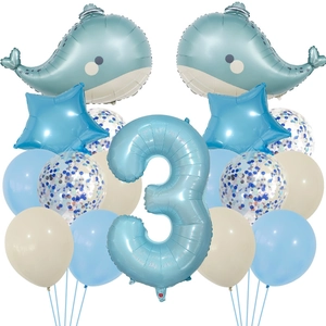 Blue whale theme birthday balloon set with number 3 for toddler party decoration