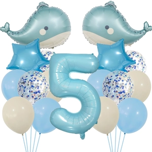 Detail view of the whale balloons and light blue number 5 balloon set for birthday parties