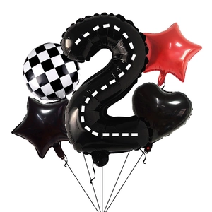 Racing themed birthday balloon set featuring black number 2 with race track pattern