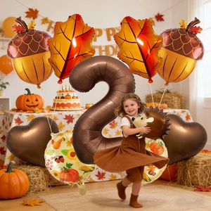 Fall themed balloon set with hedgehog and maple leaf foil balloons for birthday decor