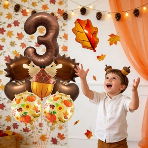 Fall harvest party balloon set with number 3, hedgehog, acorn, and maple leaf foil designs