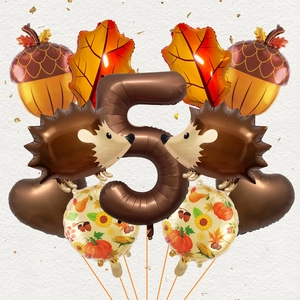 Autumn themed party balloon set with hedgehog, acorn, maple leaf and number 5 foil balloons