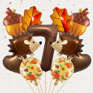 Autumn themed party balloon set with hedgehog, maple leaf and large brown number 7