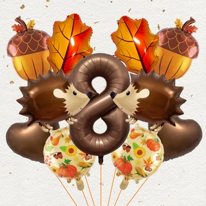 Detailed hedgehog and acorn foil balloon set for 8th birthday autumn theme party decoration