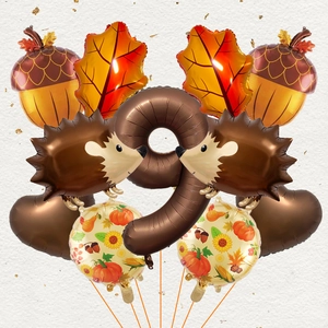 Complete 11pcs autumn balloon set with hedgehog, acorn, and maple leaf decorations
