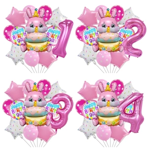 Pink Rabbit Cake 3D Foil Balloon Decoration Set With Large Number Star Polka Dot For Kids Birthday Party