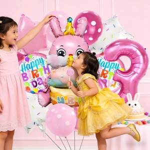 3D pink bunny and number 3 balloon set for girls 3rd birthday party celebration decor