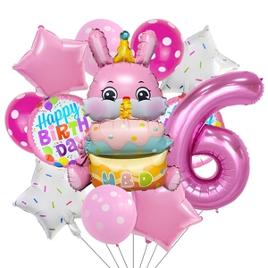 Detailed pink birthday balloon set featuring a 3D rabbit cake and numeric 6 foil balloons