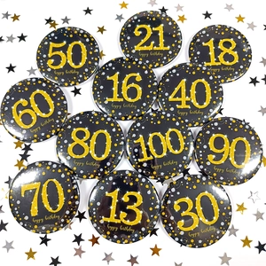 Set of 12 black and gold 58mm birthday badges featuring milestone numbers 13 to 100