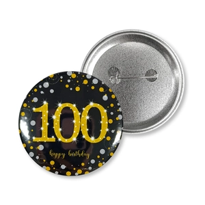 58mm black and gold 100th happy birthday tinplate badge set with pin for party decor