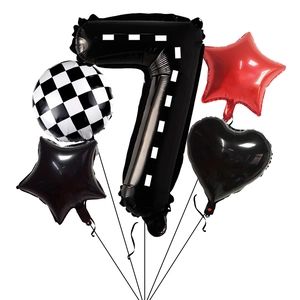 Race car theme birthday decor set with number 7 foil balloon and checkered pattern