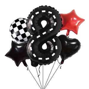 Racing theme party balloons set with number 8 track pattern and checkered foil balloons