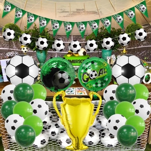 Golden trophy soccer balloon set with football banners for match victory celebration