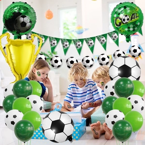 Golden trophy and soccer ball balloon set with green banner for football theme parties