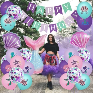 Mermaid birthday party decor set with fish tail foil balloons and latex balloons