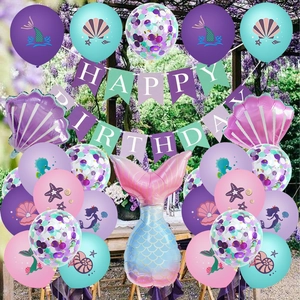 Mermaid party decoration set with pastel balloons, shell foil balloons and birthday banner