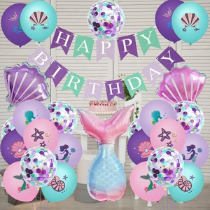 Mermaid party decoration set with ocean-themed latex balloons and birthday banner