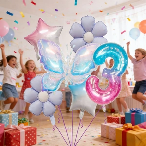 Kit de ballons papillon et fleur avec chiffre 3 pour décoration de fête d'anniversaire