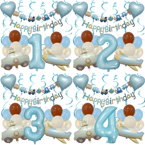 Matte Transportation Theme Birthday Balloon Set Blue Police Car Airplane Aluminum Film Balloon Banner Decoration For Boys