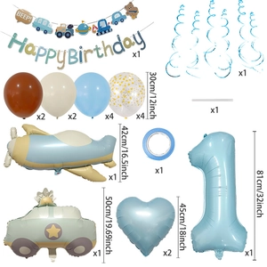 Blue police car and plane foil balloons set with birthday banner and number 1 for boys