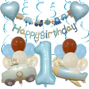 Blue plane and police car foil balloon set with Happy Birthday banner and number 1 for boys