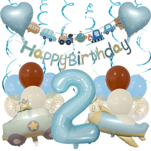Blue vehicle-themed 2nd birthday set with airplane and car balloons and banners