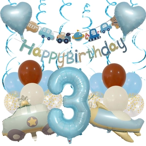 Blue police car and airplane balloon set for boys' 3rd birthday party decoration kit