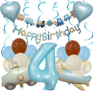 Blue 4th birthday balloon kit with airplane and car foil shapes for party decor