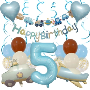 5th birthday party kit with matte police car and airplane foil balloons and banners