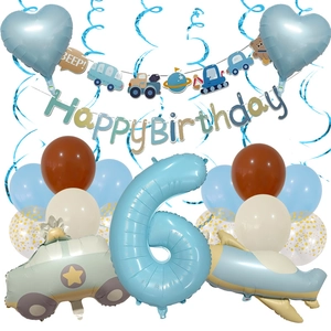 Boy's 6th birthday decoration set with car airplane balloons and blue spiral hangings