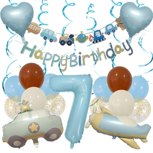 7th birthday balloon set with police car plane foil balloons and blue party banner