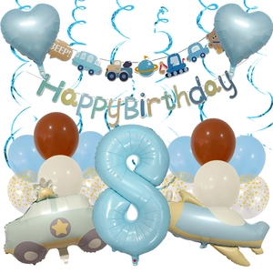 Blue and brown construction airplane balloon set with number 8 and happy birthday banner