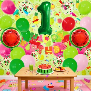 Watermelon theme first birthday party set with fruit balloons and happy birthday banner