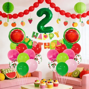 Watermelon fruit theme 2nd birthday party set with number 2 balloon and banner