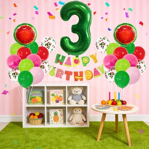 Watermelon fruit theme birthday party set with number 3 balloon and happy birthday banner